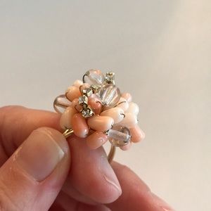 Cute adjustable coral and crystal cocktail ring